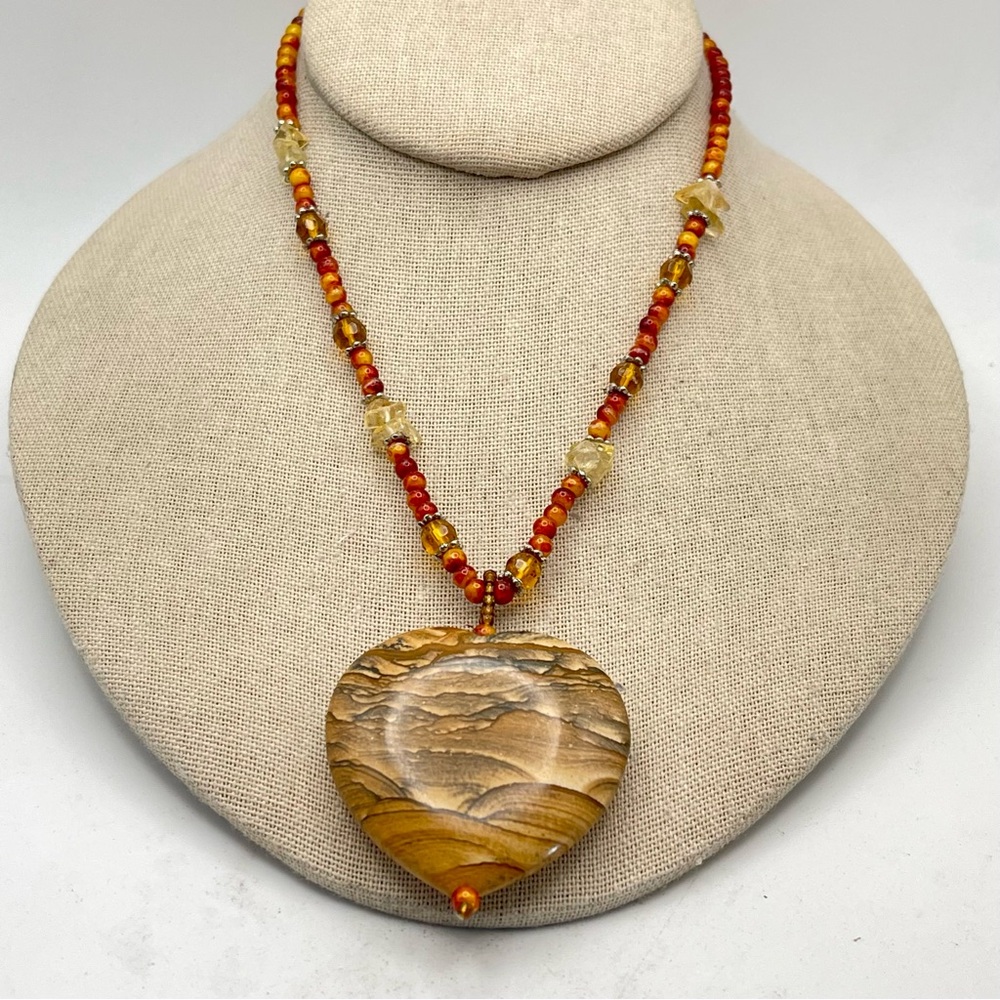 Beautiful Picture Jasper Heart Pendant With Amber and Citrine Necklace Estate